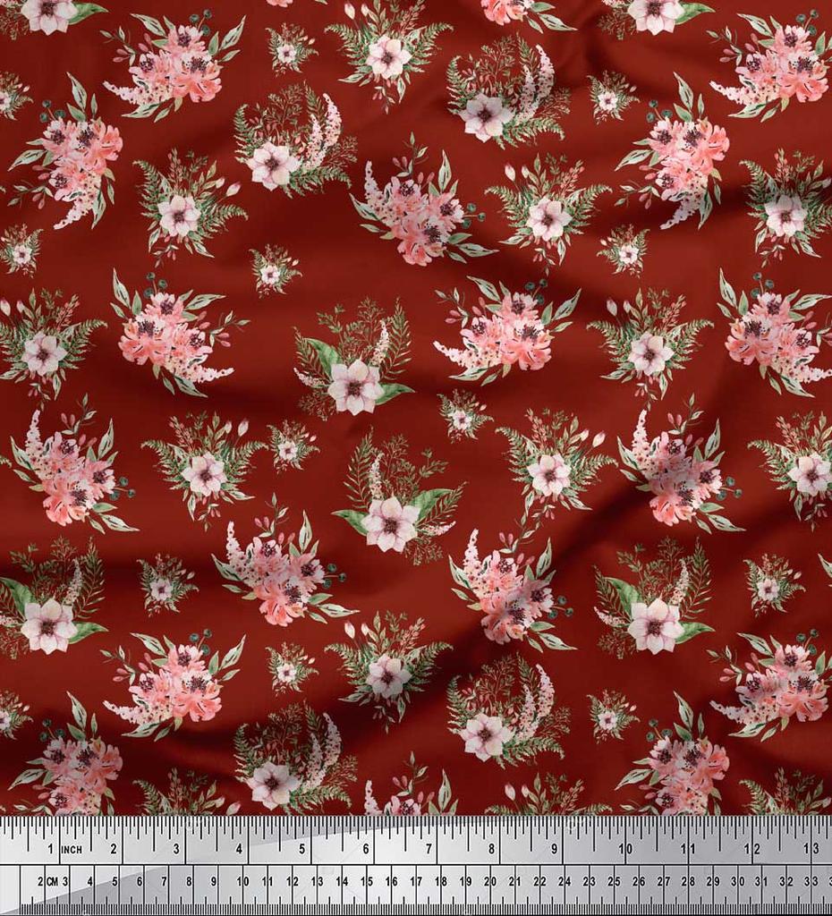 Soimoi Red Poly Crepe Fabric Mignon Dahlia & Peony Floral Fabric Prints By Metre 42 Inch