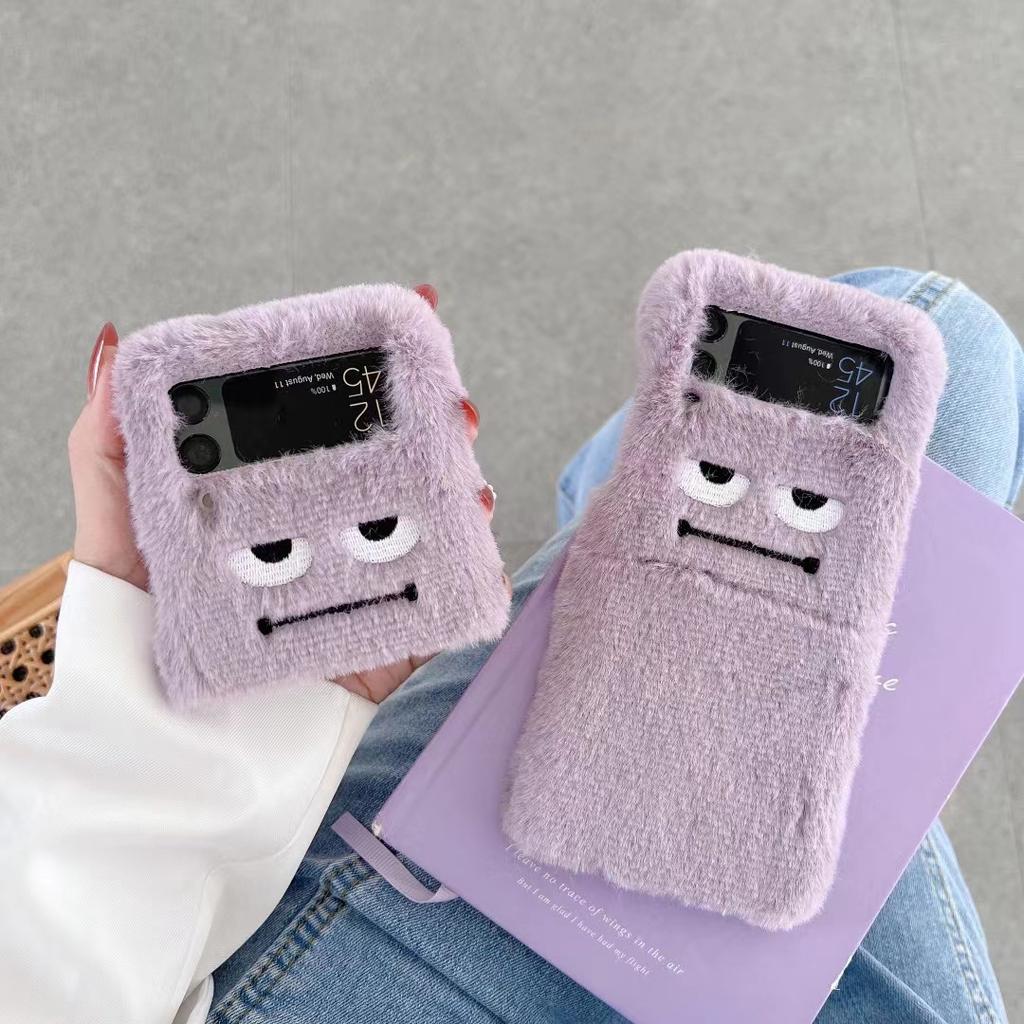 Applicable To Samsung Z Flip4 Plush Mobile Phone Case Zflip3 Bow Pearl Solid Color Protective Case Autumn and Winter Hair Case
