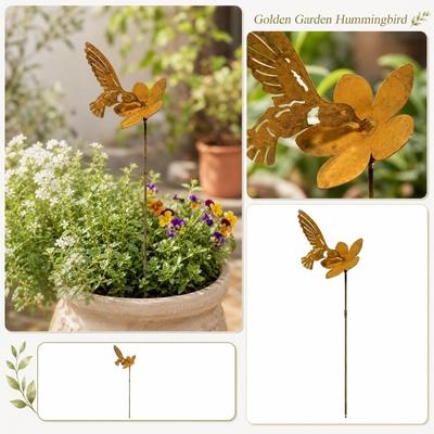 Metal Hummingbird Flower Garden Stake Outdoor Rusted Finish Yard Art Sculpture for Lawn Pathway Landscape Decoration