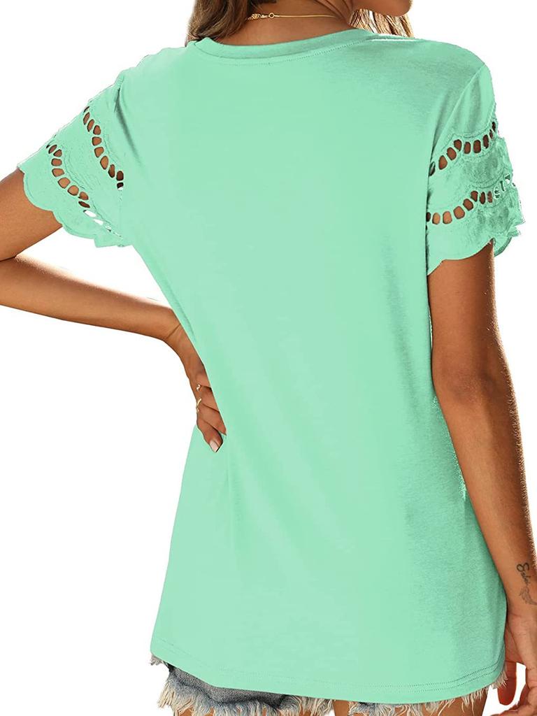 Women's Summer New Floral Lace Patchwork Short Sleeve T-Shirt Crew Neck Slim Fit Top