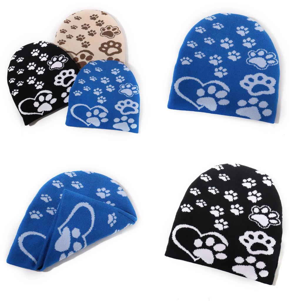 Knit Hat Acrylic With Paw Print Design For Casual Winter Wear And Sports Outdoor