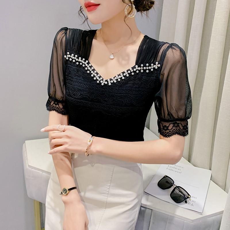 

Sexy Temperament V-neck Short-sleeved Womens Summer Wear Latest Foreign Style Splicing Top T-shirt 3XL чорний