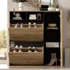 Shoe Cabinet with 2 Flaps & 1 Door – Narrow Shoe Tilt Cabinet, Open Compartments & Adjustable Shelves, Space-Saving, Wood Look/Black, 90x24x94 Cm