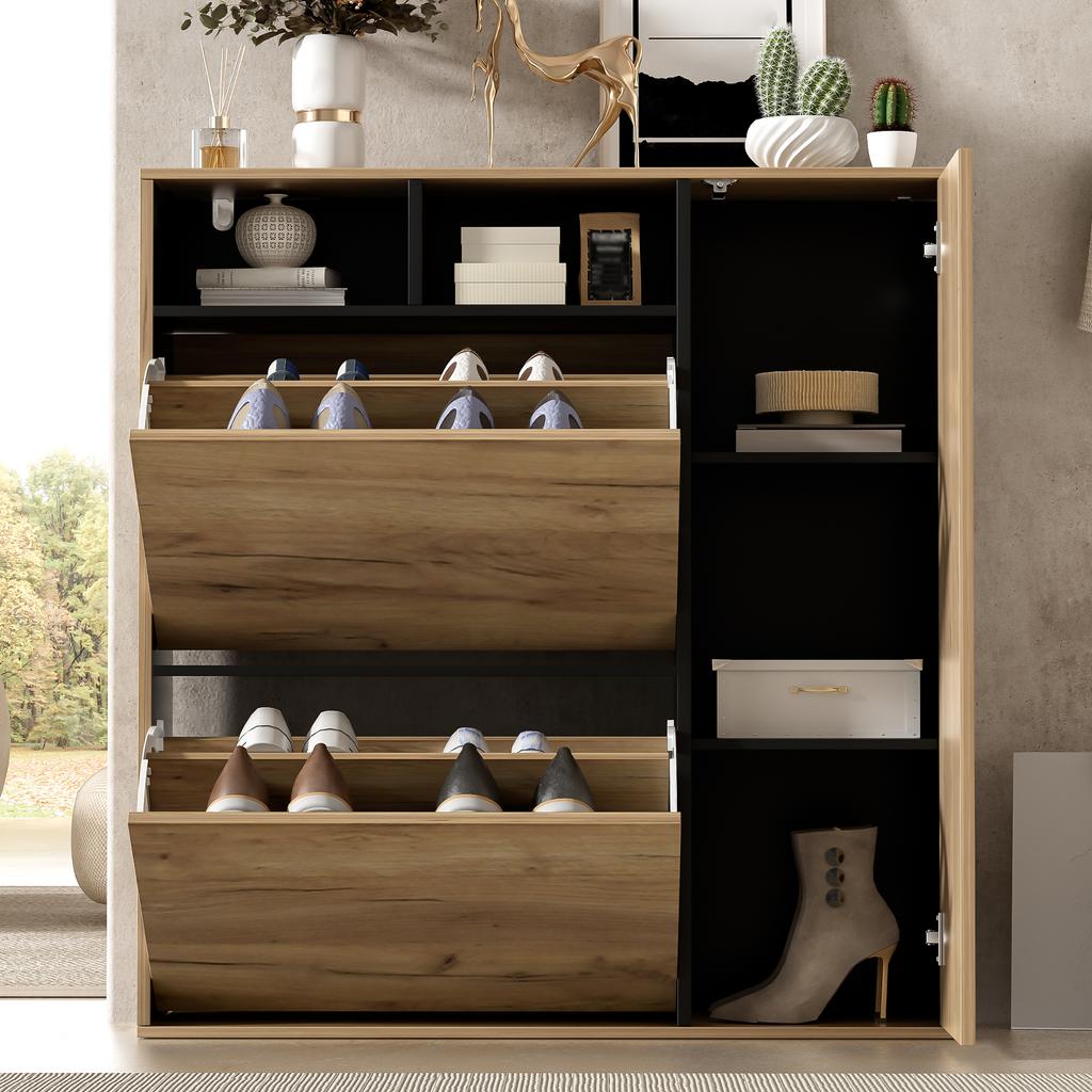 Shoe Cabinet with 2 Flaps & 1 Door – Narrow Shoe Tilt Cabinet, Open Compartments & Adjustable Shelves, Space-Saving, Wood Look/Black, 90x24x94 Cm