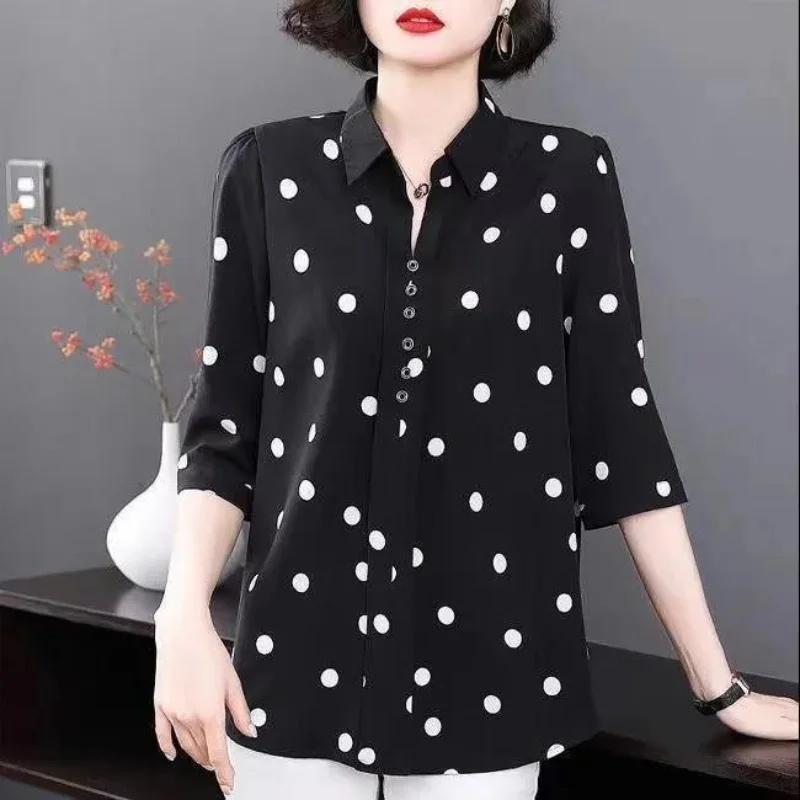 Dames Blouse met Stippen voor Middelbare Leeftijd Revers Halve Mouw Losse Pasvorm Top
