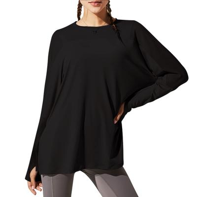 Barifall Yoga Loose Fitness Long Women's T-Shirt, Fit, Top, Sleeve, Stretch, Moisture-Wicking, Quick-Drying, 030-BK-L