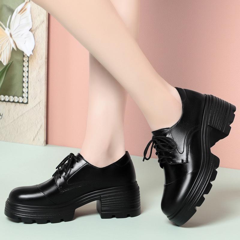 6cm Vintage British Style Thick Bottom Chunky Platform Shoes Oxfords 2025 Spring Black Casual Shoes Soft Leather for Office Mom
