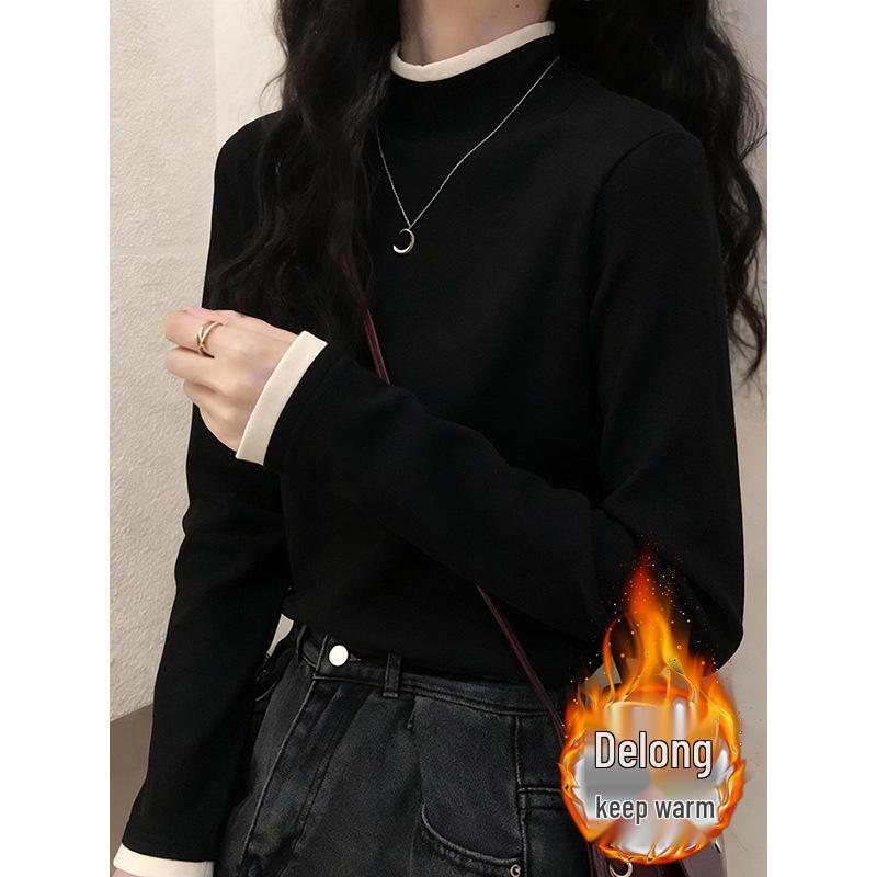 Korean Style Color Block Double-Sided Plush High Collar Warm Long Sleeve Base Layer for Women Small чёрный