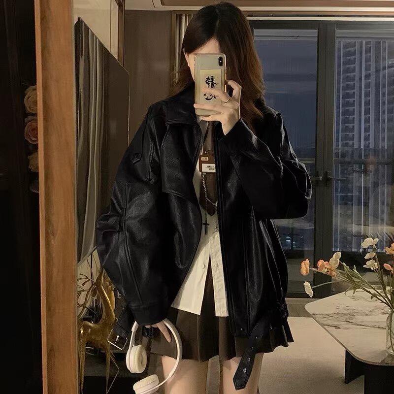 

Женская байкерская куртка в стиле ретро из коричневой кожи - Осеннее пальто высокого класса, универсальное 2XL