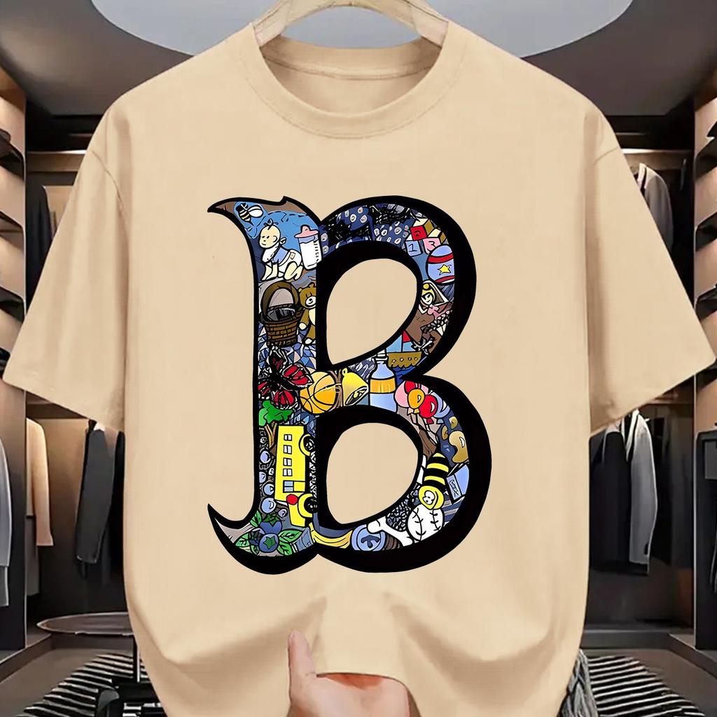 Letní pánské 100% bavlněné sportovně-ležérní módní volné nadměrné velikosti kreativní s potiskem písmena B kulatý výstřih krátký rukáv tričko top