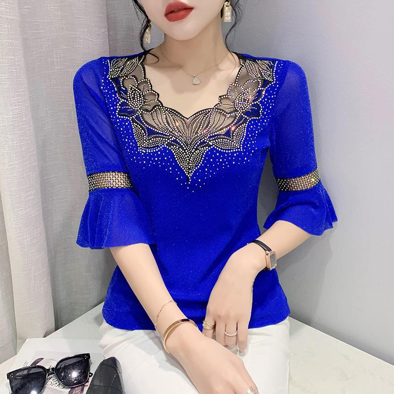 Women Summer Korean Clothes Patchwork Shiny Diamonds Tops Half Flare Sleeve Slim Street Tees