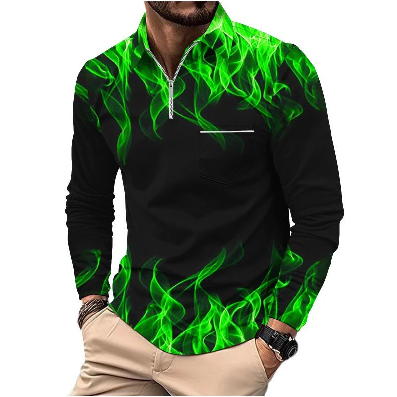 Men's Printed Polo Shirt with Zipper Pocket Sports Long Sleeved Polo Shirt
