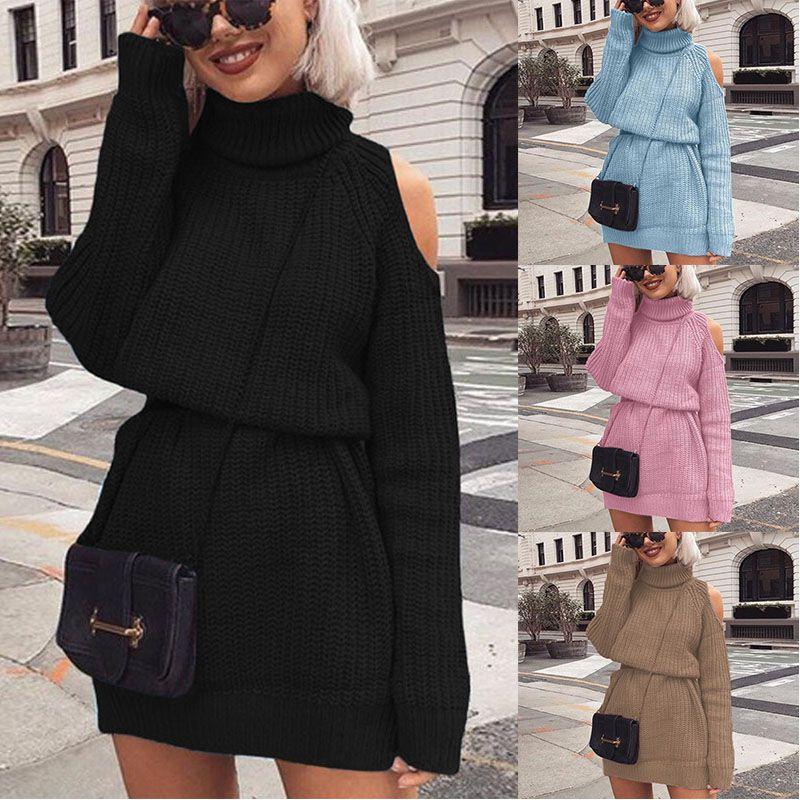 Premium Qualität Herbst Und Winter Mittellang Hoher Kragen Schulterfrei Pulloverkleid Minikleid Für Mühelosen Stil