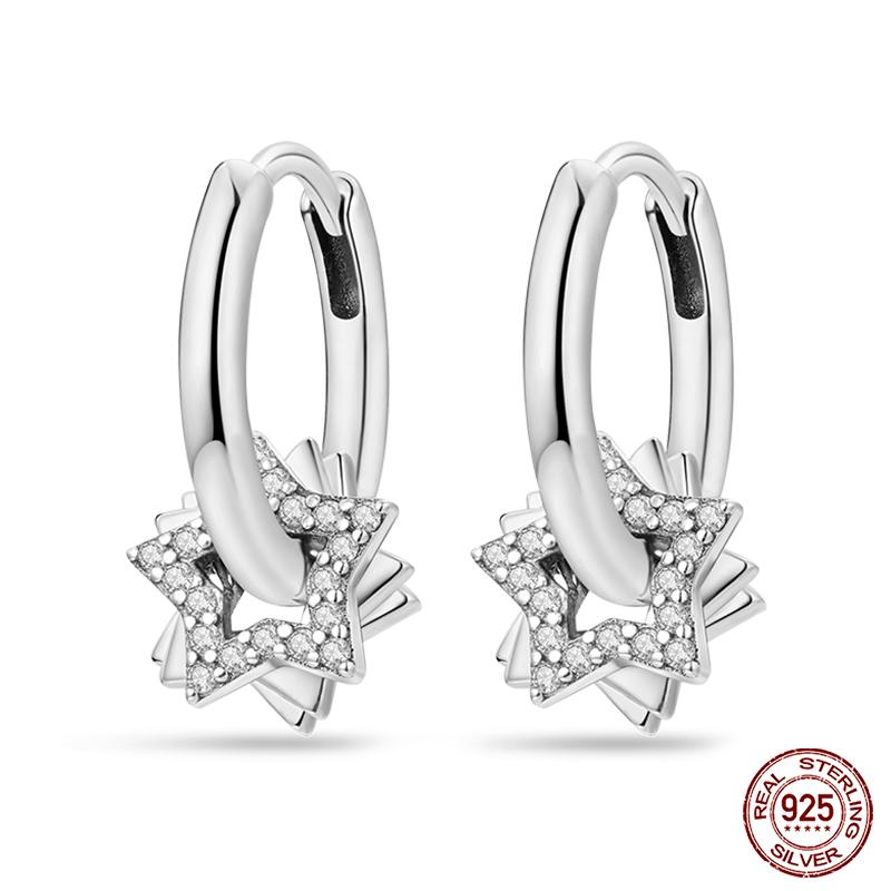 Charms Double Hoop Earrings For Women 100% 925 Silver Cubic Zircon Heart Star Moon Earrings Elegant Birthday Jewelry Gifts