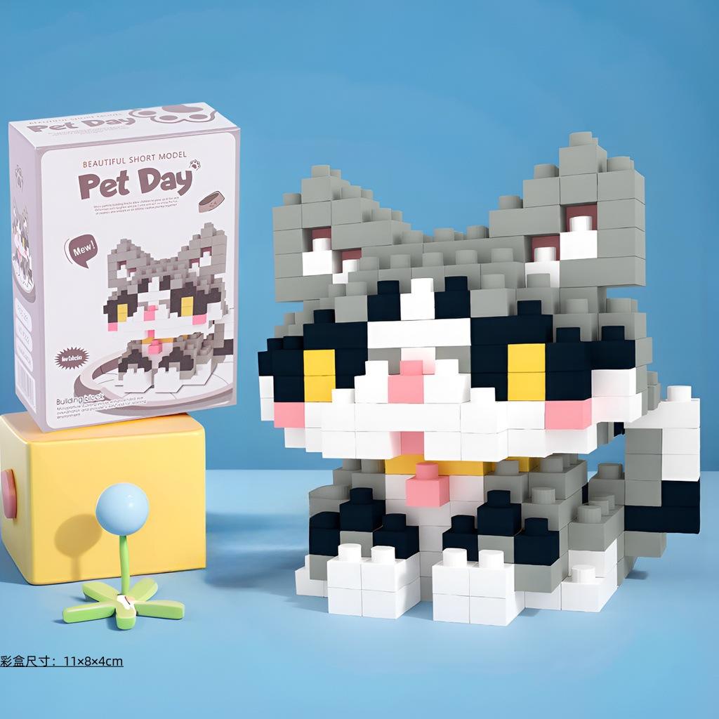 with box Pet cats building block cartoon cute doll puzzle assembly children's toy DIY table ornaments boys girls birthday gifts