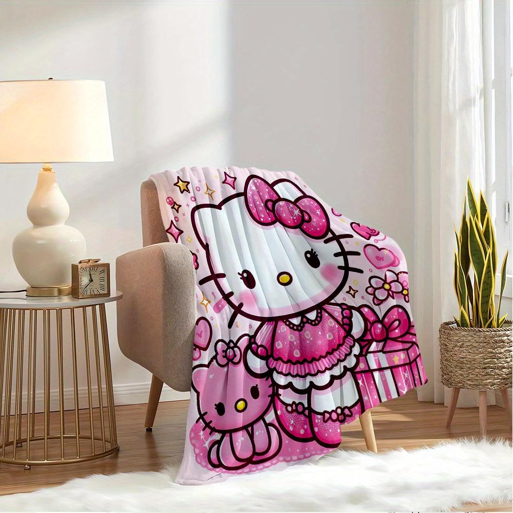 For Hello Kitty, Pink, CuteAnime-Themed Flannel Blanket, Glam Style, Digital Print, All-Season Comfort, Tear-Resistant, Knitted Craftsmanshi