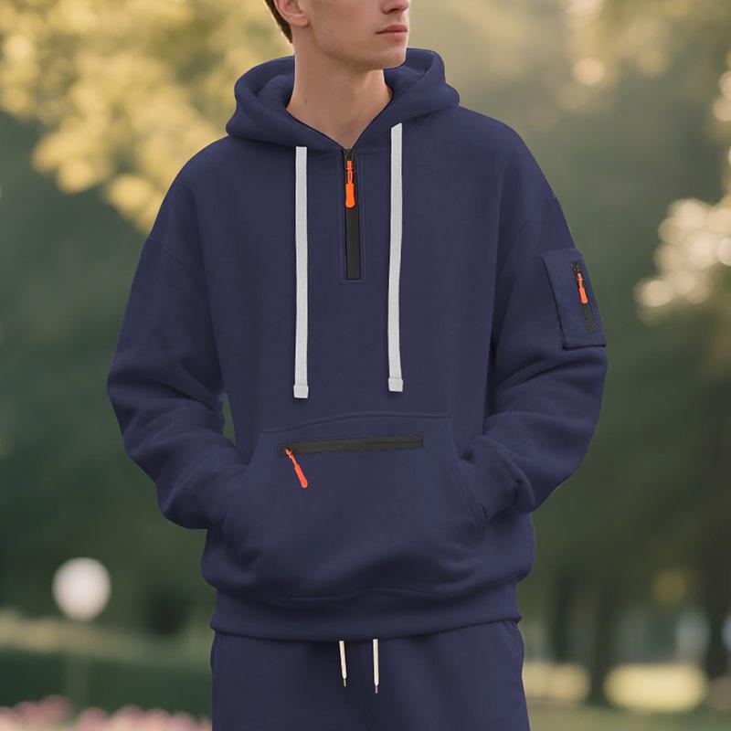 Men's Autumn/Winter Hooded Pullover Sweatshirt with Pockets and Thickened Velvet, Casual Sportswear