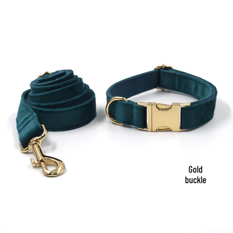 Emerald Green Velvet Dog Collar & Leash with Gold Buckle - 2021 Model, DIY Engravable M