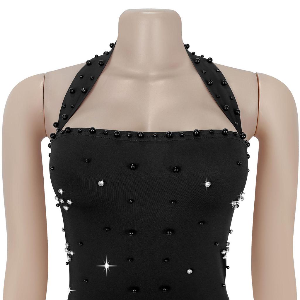 C7480 Fashion Women's Halter Rhinestone Beaded Bodycon Dress - Europe & America Style