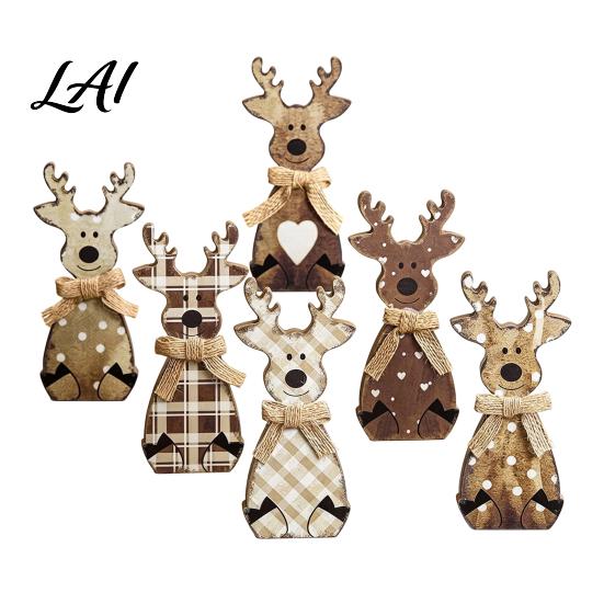 Rustic Christmas Table Decor Wooden Tabletop Decor Reindeer Animal Figurines Farmhouse Style Holiday Window Display Ornaments Tiered Tray Ornaments,