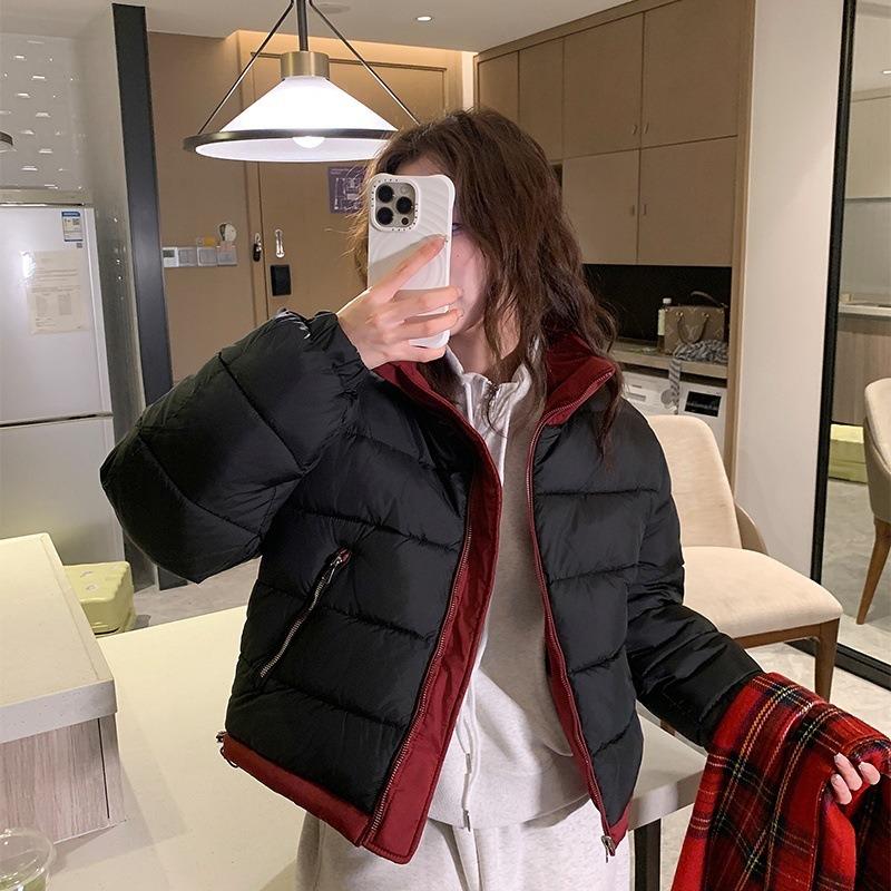 Wear Down Cotton-padded Clothes On Both Sides, Women's Color Matching Stand-up Collar, Short Small Cotton-padded Jacket.