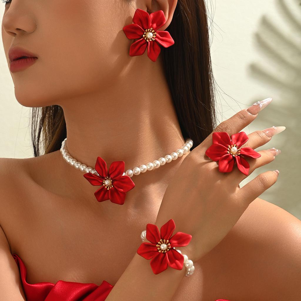 European and American Style Jewelry Exaggerated Red Flower Earrings Pearl Woven Bracelet Open Ring Jewelry Set Women