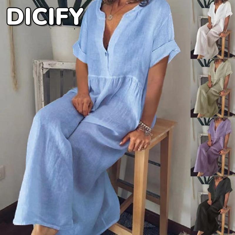 DICFY Women's Fashion Summer Spring Solid Color Print Short Sleeve V-Neck Casual Dresses