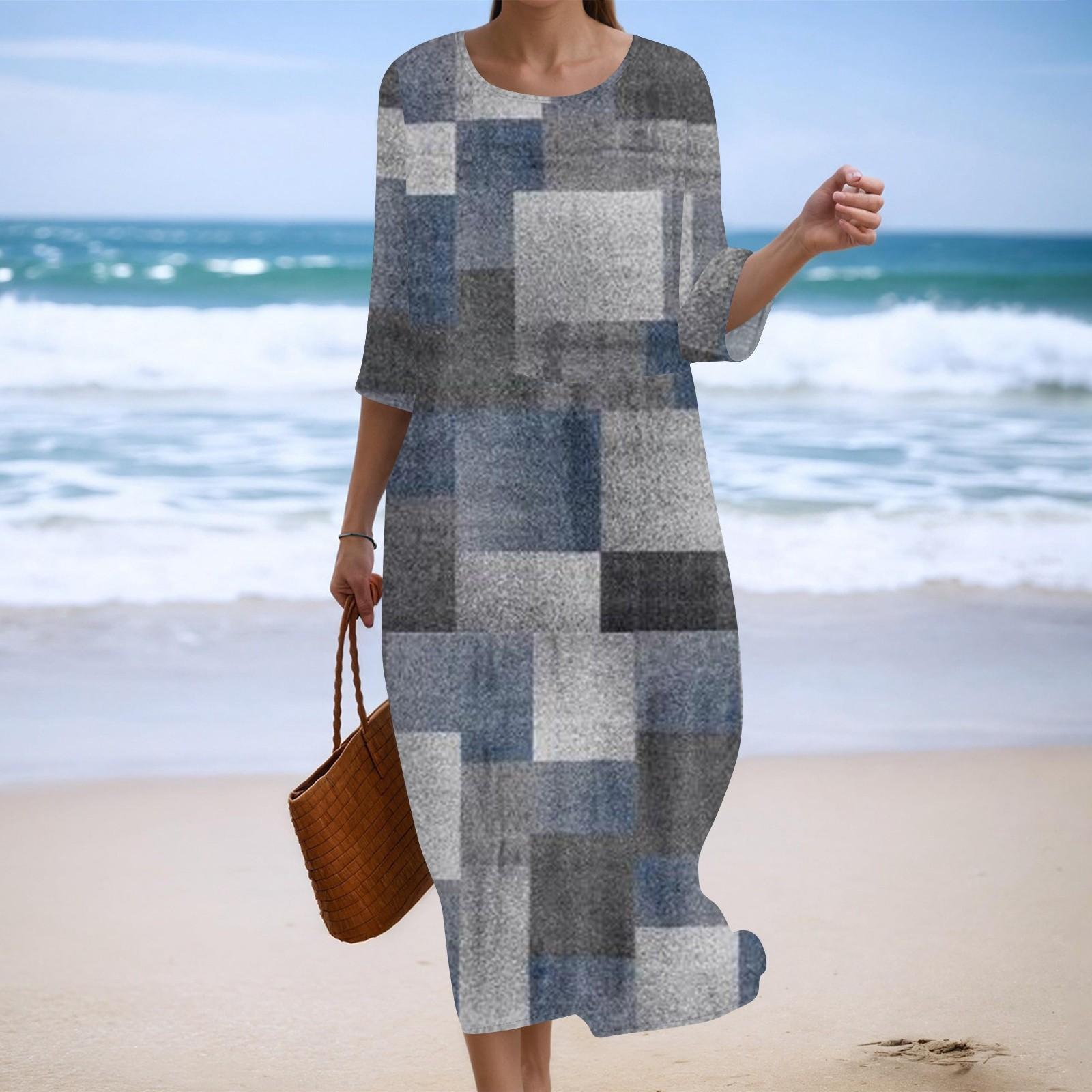 

Women s Fashionable Printed Round Neck Seven Quarter Sleeve Loose Dress M Темно-синій