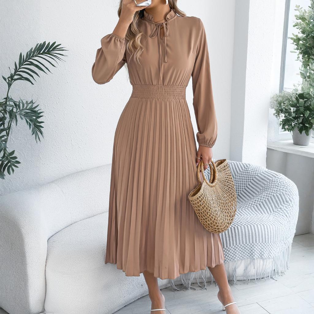 Women's Fashionable Casual Loose-Fit Tie-Waist Bell-Sleeve Pleated Dress