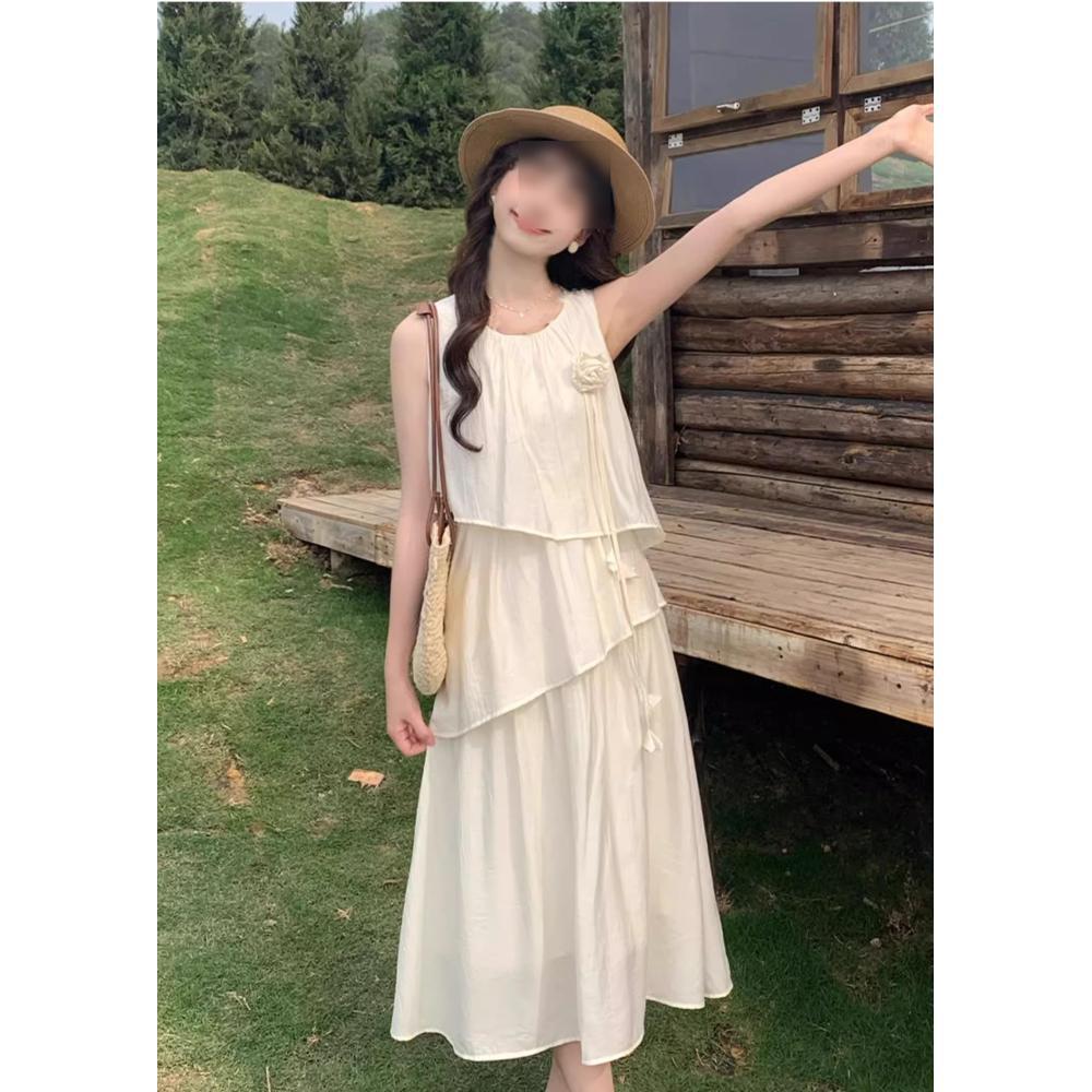 French Sleeveless Sweet Wind Milk Yellow Dress Female Design Sense Gentle Lotus Leaf Edge Super Fairy Fresh Long Dress Summer