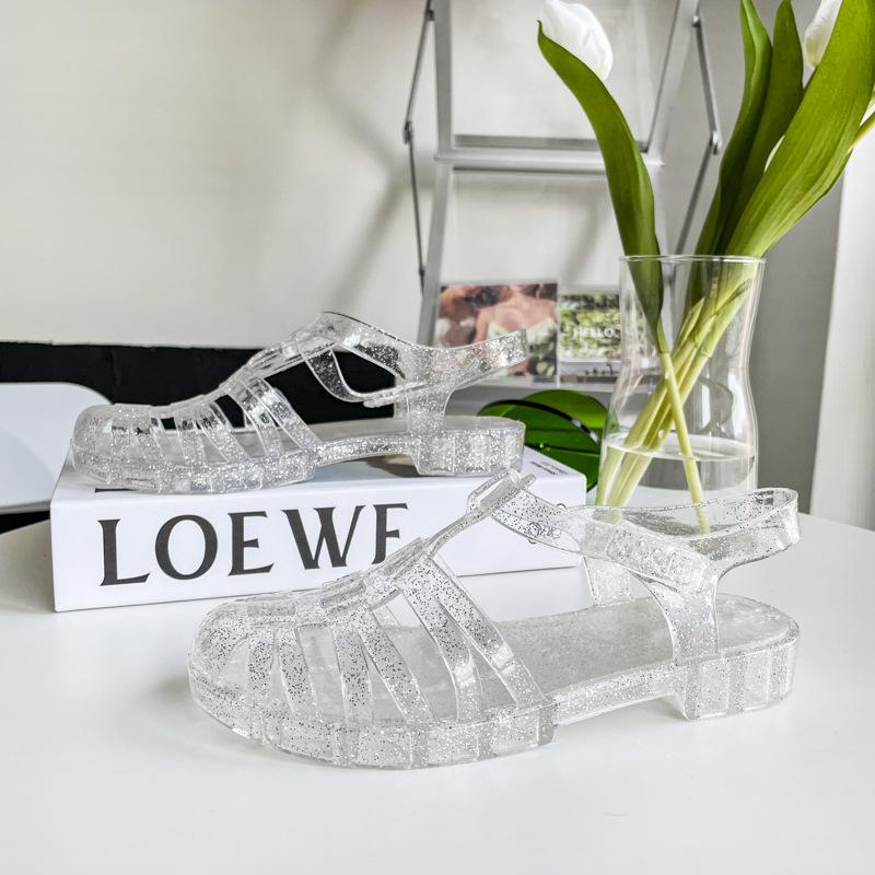 

Transparent Sandals Summer Baotou Roman Women s Sandals Retro Flat Bottom Crystal Beach Shoes Flat Heel Plastic Jelly Shoes 40