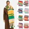 Loop Yarn Rainbow Tassel Shawl Rabbit Fur Ball Women Cape Retro Plaid Wool Scarf  Women/Men