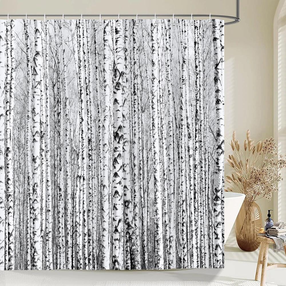 Hochwertiger Birkenwaldstoff Duschvorhang Wasserdicht Naturlandschaft Gedruckte Badevorhänge für Badezimmerdekor mit Haken