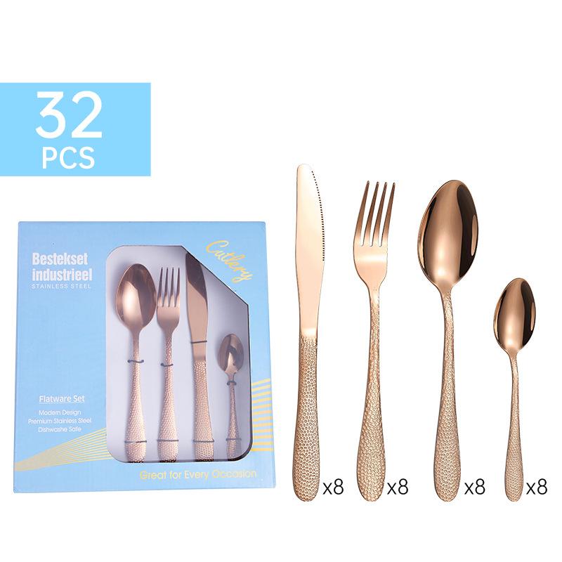 Stainless Steel Tableware 32-Piece Set Water Cube Four Main Pieces Steak Knife, Fork and Spoon