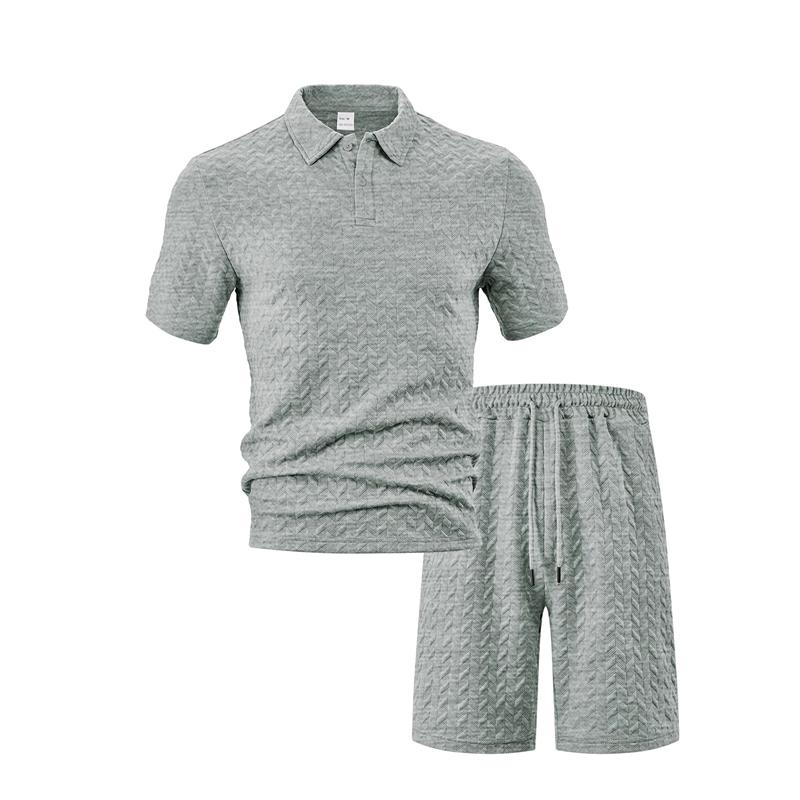 Summer New Men's Polo Shirt Set Casual Sporty Cool Fashionable Slim Fit Solid Color Short Sleeved Jacquard Shorts Set Men's
