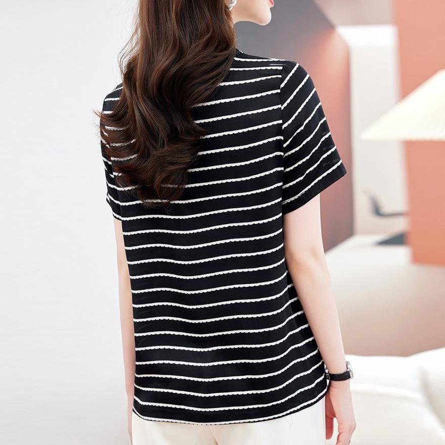 Temperament Striped Silk T-shirt Women's Short-sleeved Summer Dress Fashion Mulberry Silk Thin Top