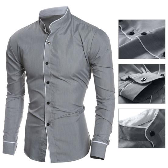 Men Shirt Business Single-breasted Stand Collar Formal Contrast Color Line Autumn Shirt for Work