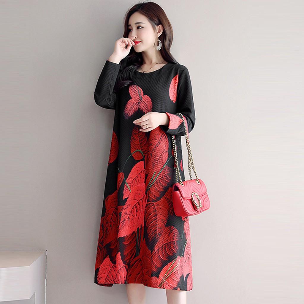 Fashion Casual Women Long sleeve Long Dress  Printed Loose Dress