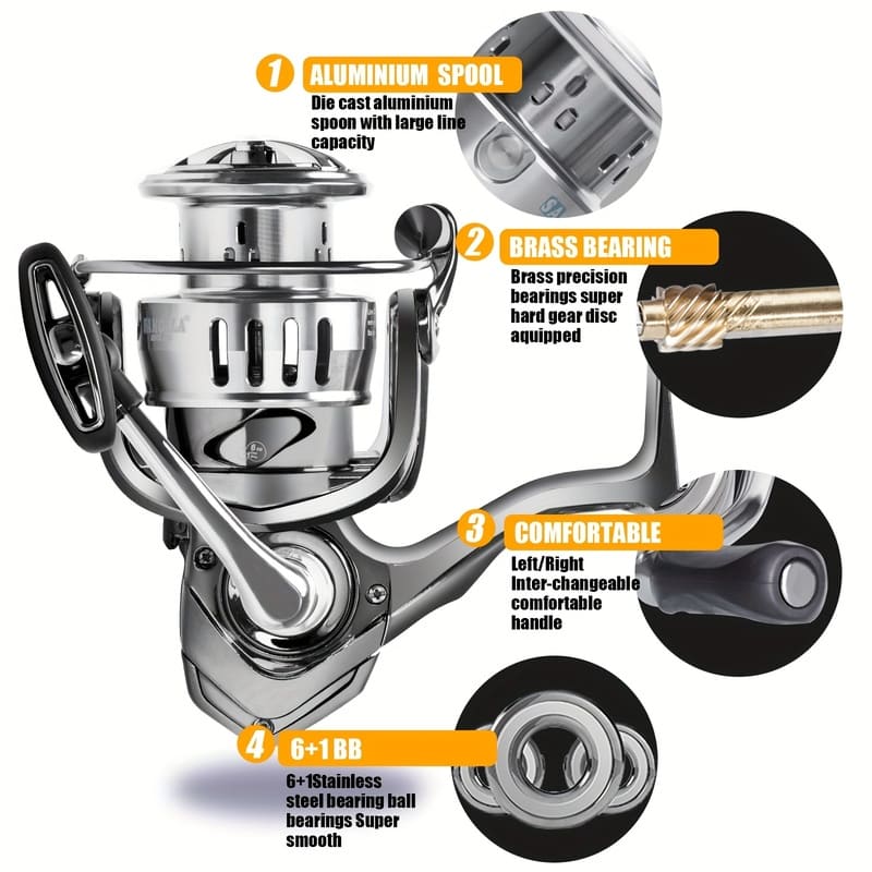 New Electroplated One-Way Seamless Spinning Reel CNC Spool Full Metal Swinging Lightweight Long Distance Fishing Reel with 6+1 Roller Bearings