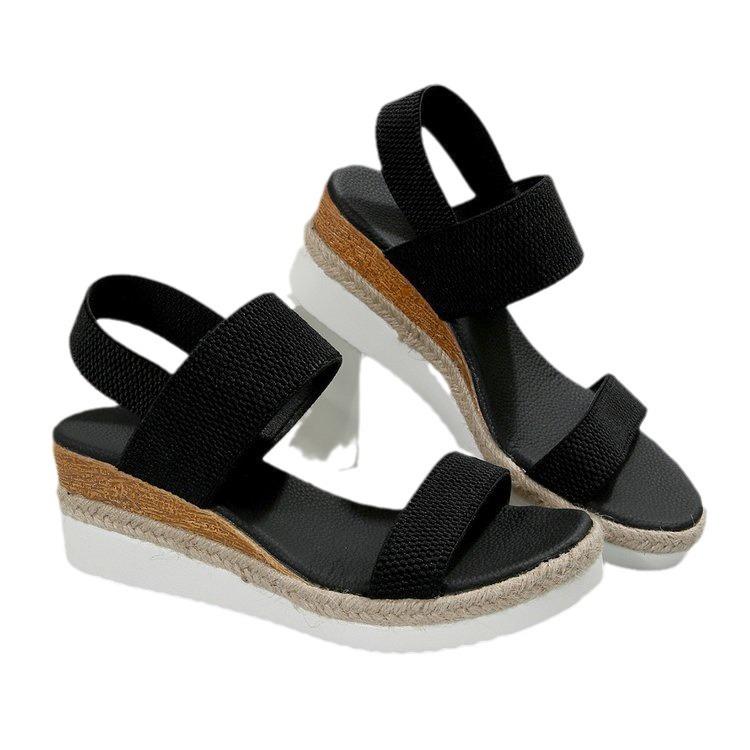 Neue Sandalen Damen Hanfseilboden Fischmaul Keilabsatz Dicke Sohle Gummizug Hinterer Fersenriemen Fliegenstrick Damen Schuhe