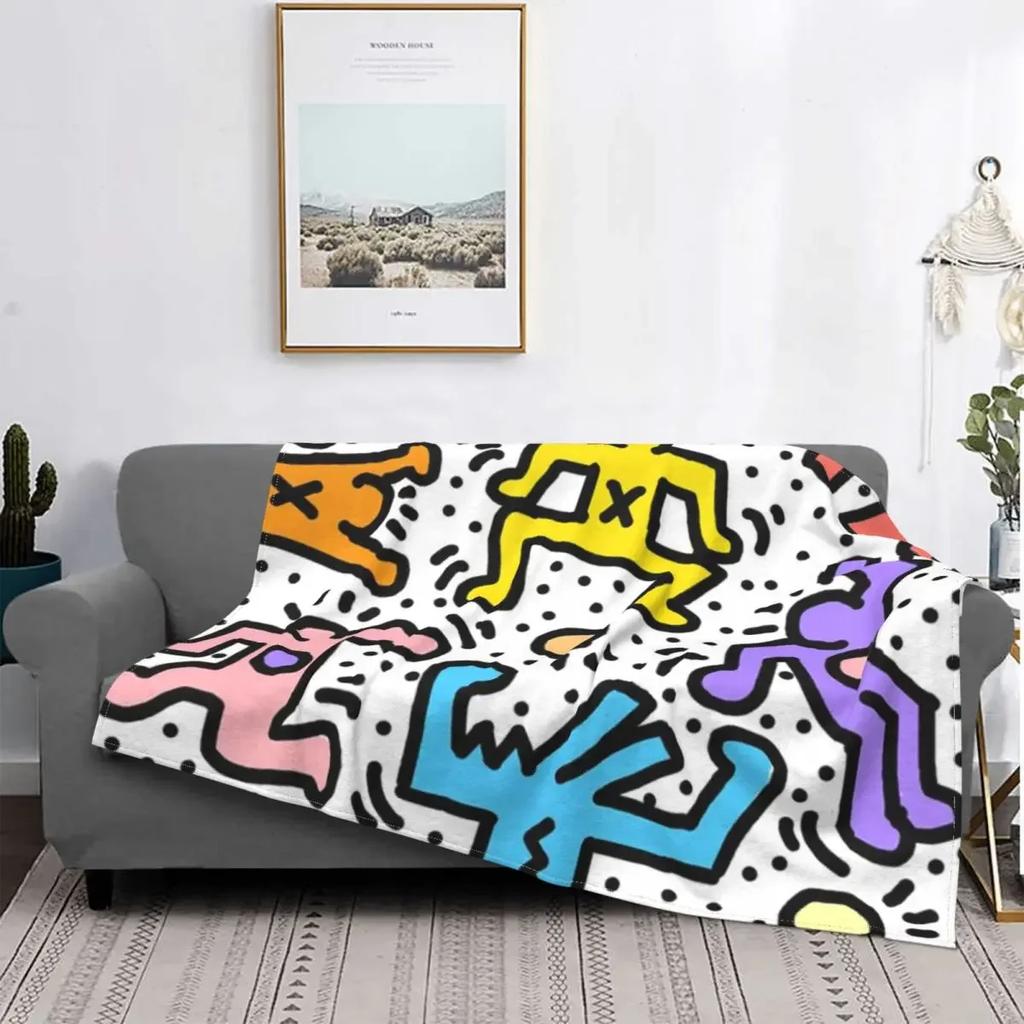 Dancing In The Wind Colorful Theme Flannel Throw Blanket Soft Cozy Haring Geometric Paintings Art for Bedroom Couch Home Decor