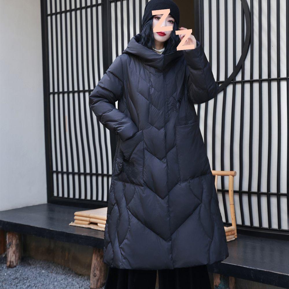 

Женская длинная ретро-пуховая куртка из белого утиного пуха - Толстая, с капюшоном, свободного кроя, теплая зимняя куртка, доступны большие размеры M (suggested 80-120 jin)