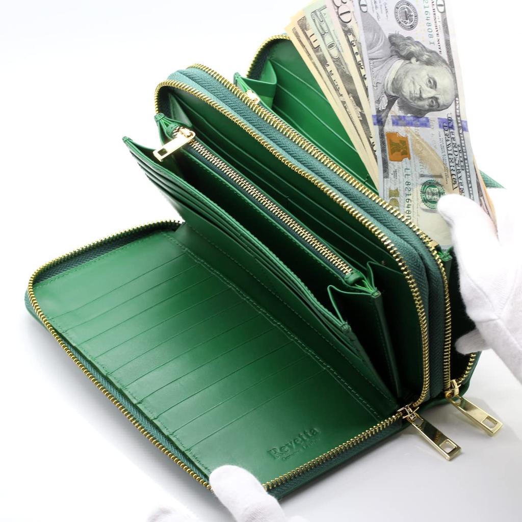 [Revetta] Crocodile Leather Long Wallet, Large Capacity, 40 Card Slots, Men's Wallet, Green, Double Round Zipper, Genuine Leather, Single Piece Leathe