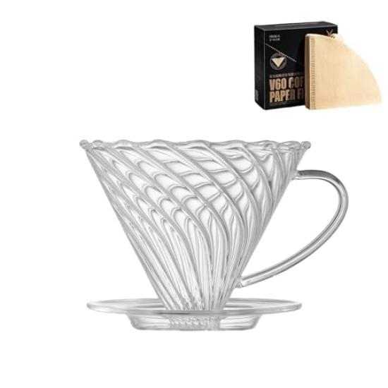 

Vandroop V60 Reusable Glass Coffee Dripper with Transparent Filter for Hand Drip Coffee (1-4 Cups) (B+ Filter Paper)