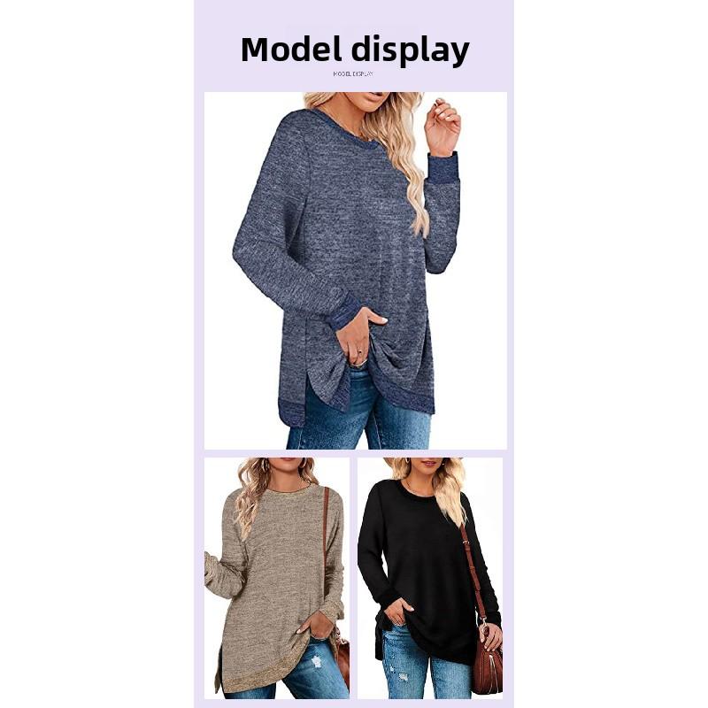 2026 New Long-Sleeve Round-Neck Color-Block Slit Top for Women, Loose Casual Pullover T-Shirt