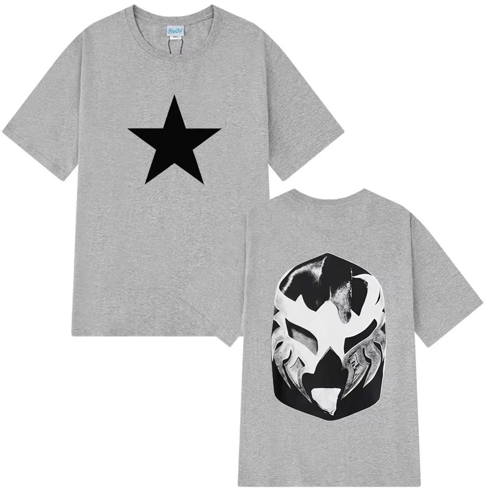 Oversized Black Cotton Casual Streetwear T-Shirt with White Star Print on Front and Lucha Libre Mask Graphic