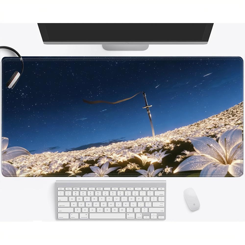 HYBXAXC Samurai Sword Lily Flower Mouse Pad Moon Night Katana Desk Mat Large NonSlip Gaming Mousepad for Gamer 800x400x2mm