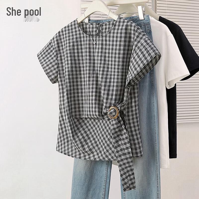 Shechi Women s Classic Plaid Round Neck Short Sleeve Blouse S