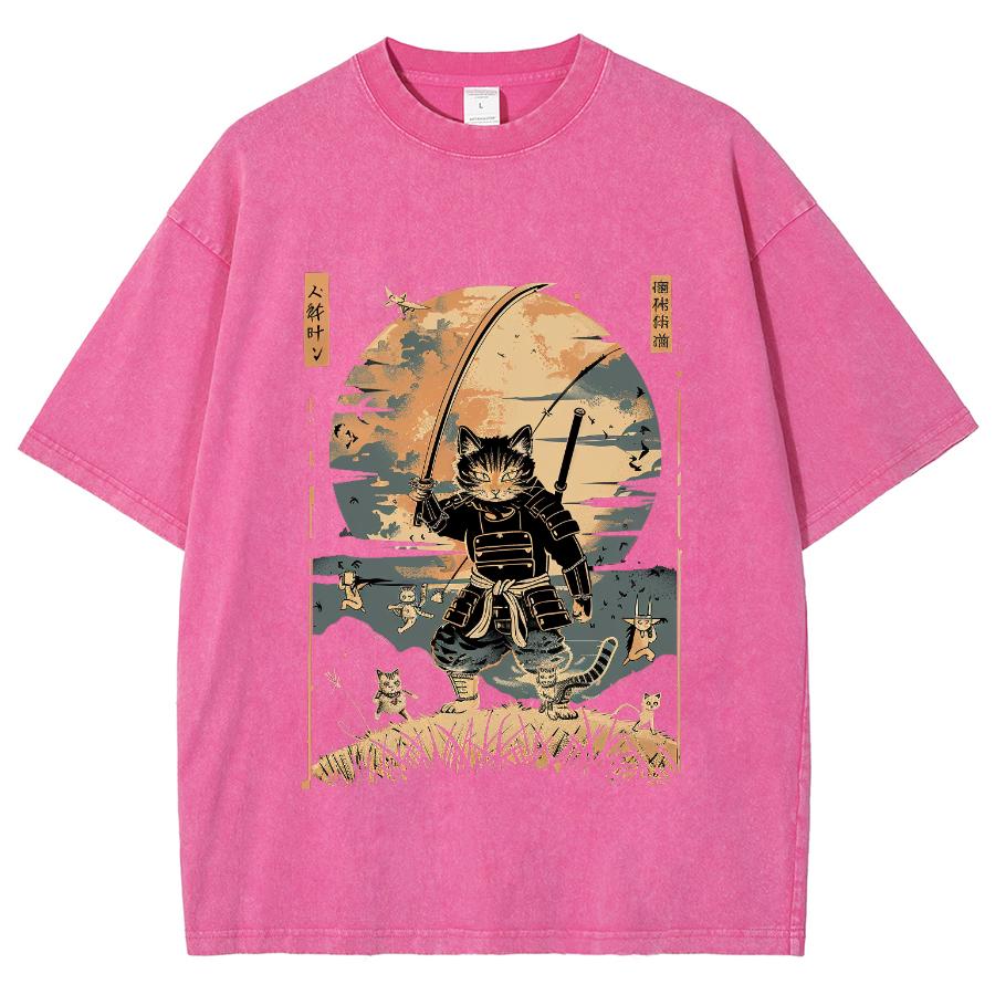 Japanese Cartoon Cat Samurai Print T-Shirt Unisex Retro Oversized Loose Short Sleeves Comfortable Cool Fashion Tee