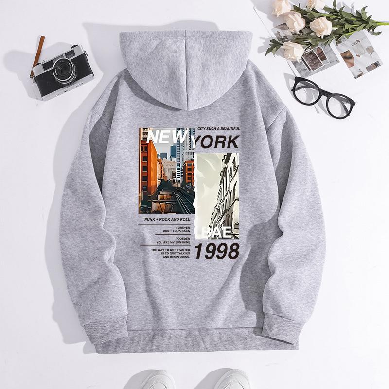 Autumn And Winter Sweater Shoulder Sleeves New York City Print Hooded Fleece Sweater Women'S Top